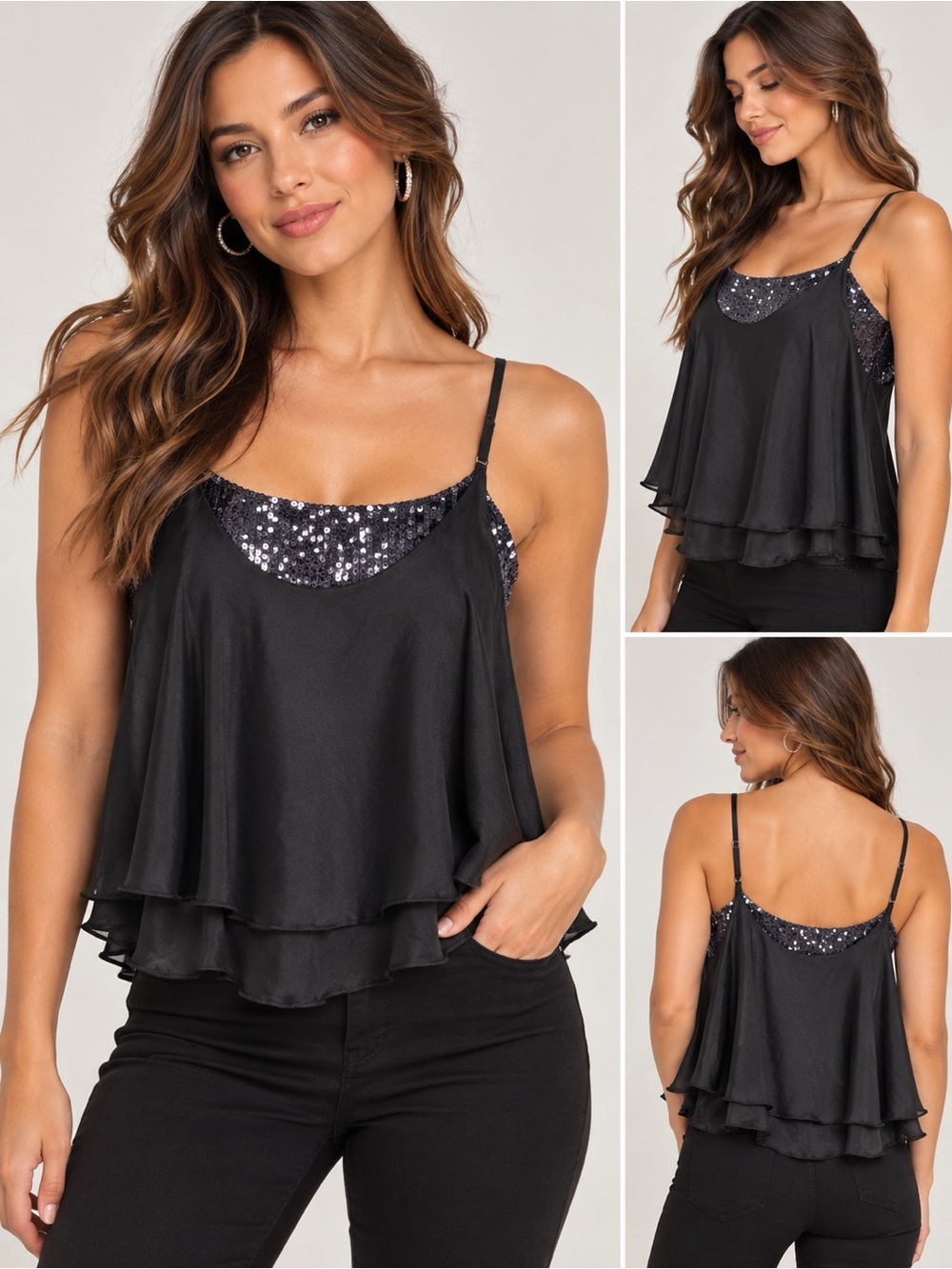 Free People Intimately Black Sequin Layered Ruffle Cami Tank Top Size S